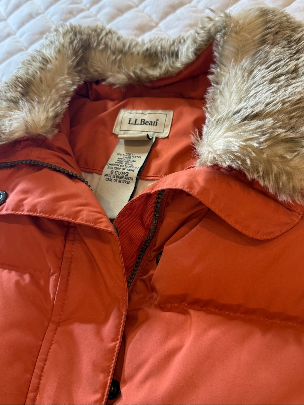 L.L. Bean Goose Down Puffer Vest Women's Small Petite Orange Faux Fur Trim